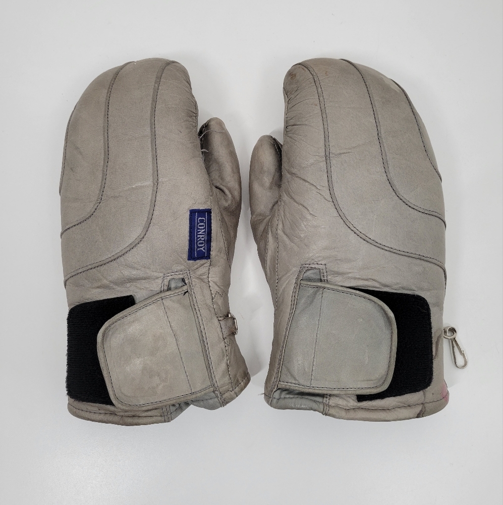 Vintage Conroy Gray Leather Fiber Insulated Mittens Gloves Women Size Medium